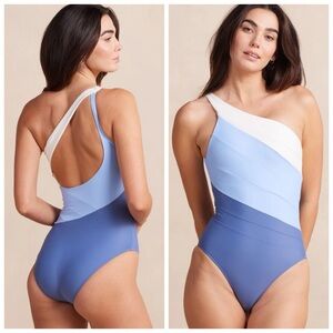 Summersalt Side Stroke One Shoulder One Piece Swimsuit White Blue Colorblock 10